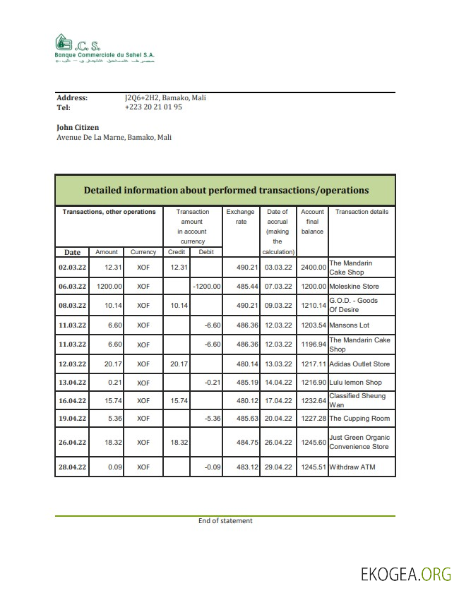 Relevé bancaire de la Banque Commerciale du Sahel du Mali